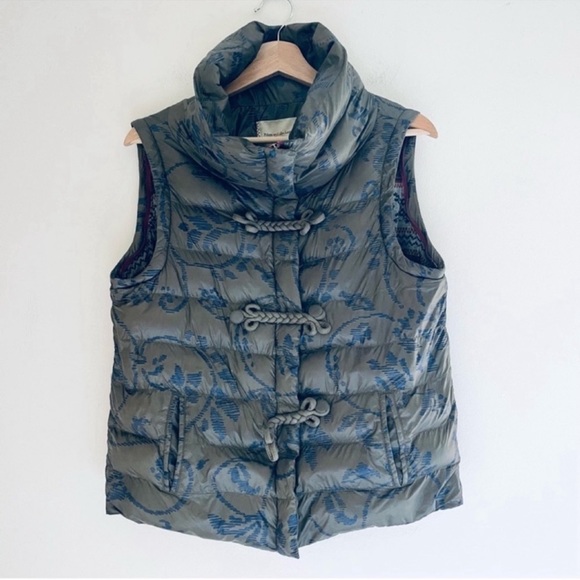 Anthropologie Convertible Floral Puffer Quilted Jacket Vest In Green Blue Size S - Picture 3 of 13